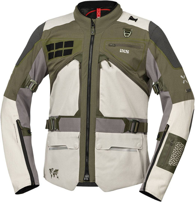 Leichte iXS Venture-Air 1.0 Adventure-Jacke in Hellgrau-Oliv mit atmungsaktivem Material und Reißverschlusstaschen.