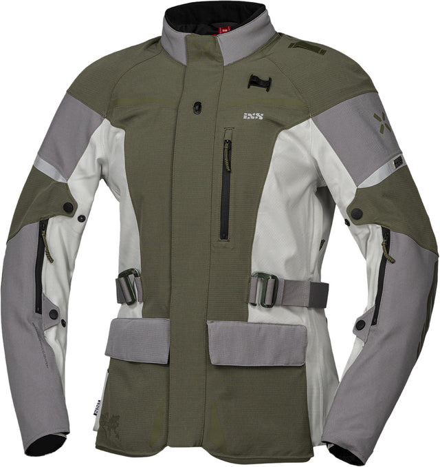 iXS Damen Venture-STX 1.0 Laminatjacke in Hellgrau-Oliv, Outdoor-Adventure Jacke mit Kapuze und funktionalem Design