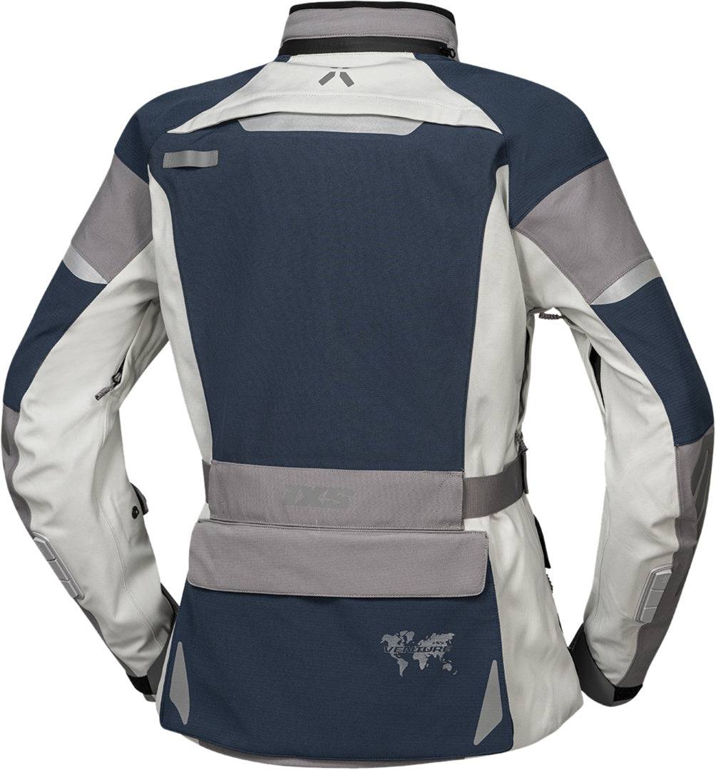Blaue und hellgraue iXS Damen Venture-STX 1.0 Laminatjacke, wasserdicht und atmungsaktiv, für Outdoor-Abenteuer.