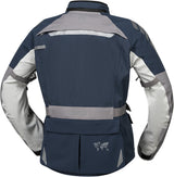 Leichte blaue und hellgraue iXS Venture-STX 1.0 Laminatjacke für Abenteuer, zeigt Frontansicht mit Reißverschluss und Kapuze.