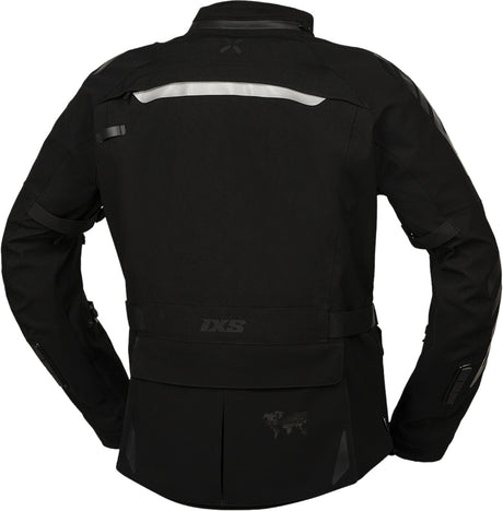 Schwarze iXS Venture-STX 1.0 Laminatjacke für Abenteuer, wasserdicht und atmungsaktiv, mit Kapuze und Reißverschlusstaschen.