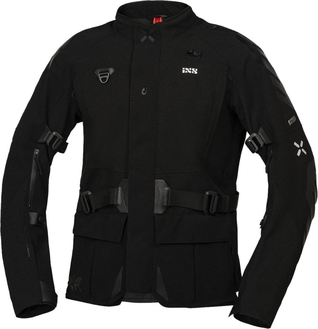 Schwarze iXS Venture-STX 1.0 Laminatjacke, robuste Outdoor-Adventure Jacke mit wasserdichter Membran, sichtbare Details und Reißverschlüsse