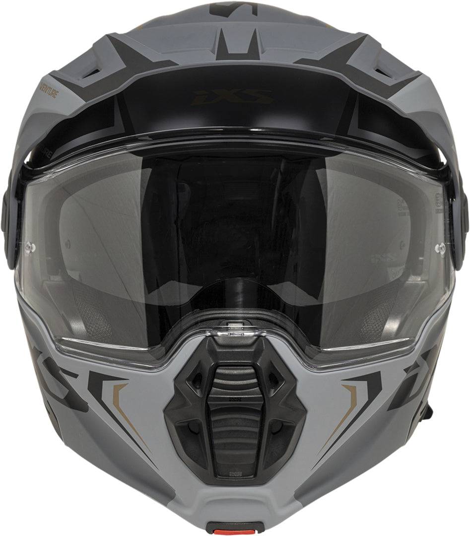 iXS Klapphelm Venture 1.0 MIPS in matt schwarz-anthrazit, mit klappbarem Design und MIPS-Schutz, auf einem Motorradhelm.
