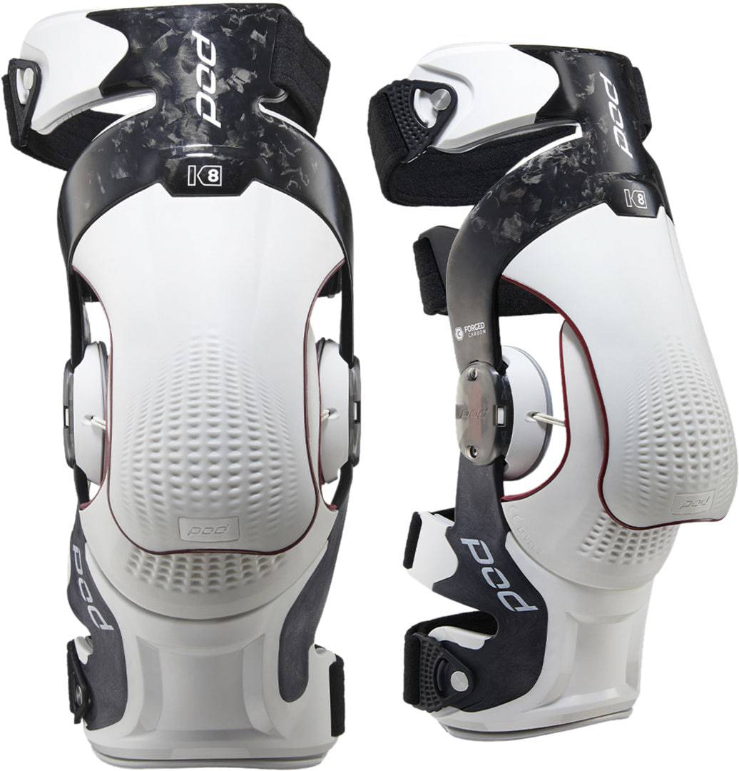 POD K8 3.0 Knieorthese aus Carbon in Weiß, orthopädische Kniebandage für Stabilität und Unterstützung.