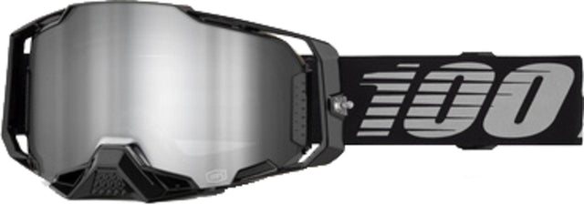 100Percent Armega MX-Brille mit schwarzen Rahmen und silberner Spiegellinse, für Motocross und Offroad-Fahrten.