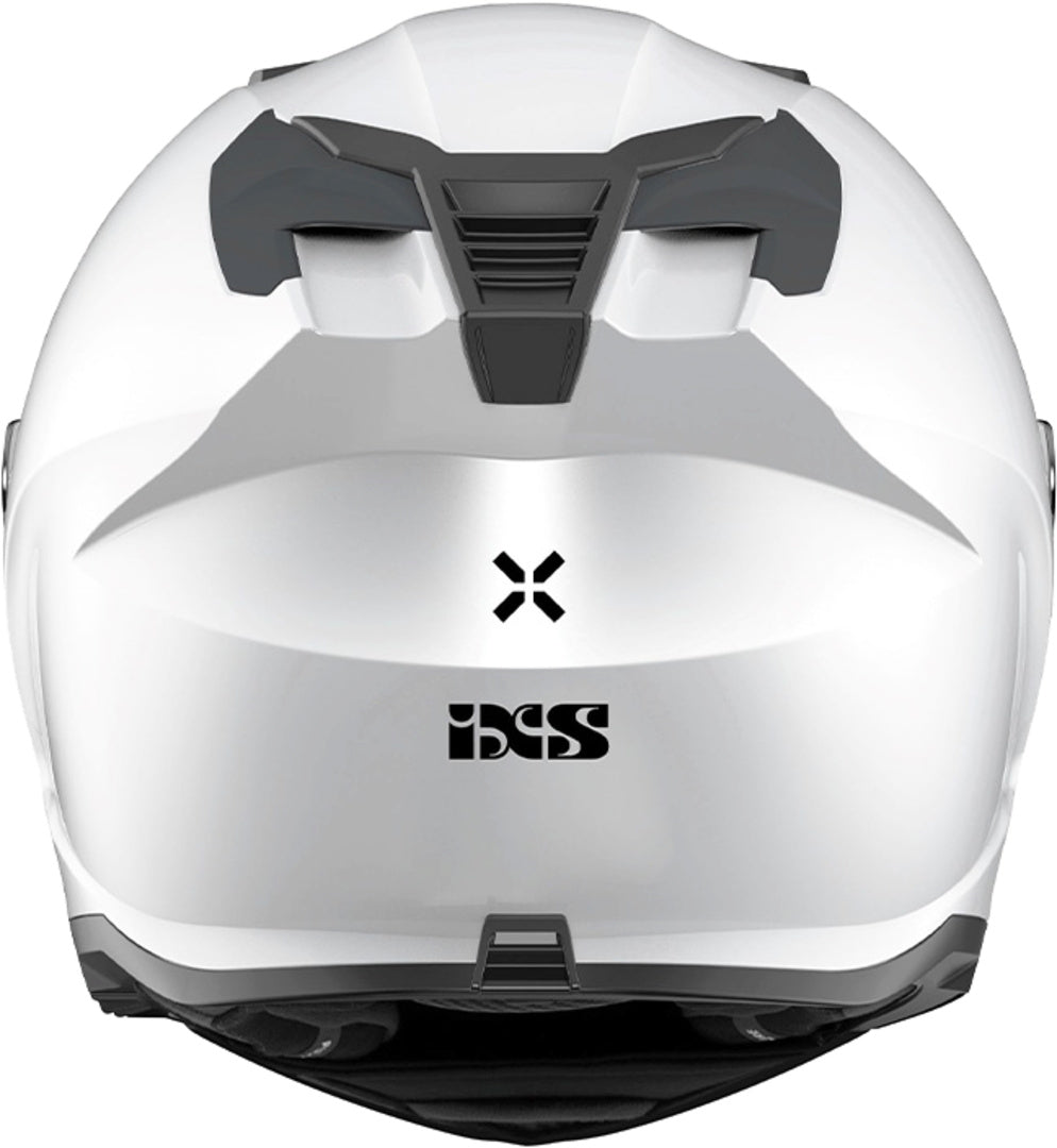 Weißer iXS Integralhelm iXS912 SV 1.0 mit aerodynamischem Design und Belüftungsöffnungen, Blick auf den Helm von vorne