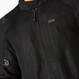 Schwarze iXS Tourster-BigAir 1.0 Adventure-Jacke mit wasserdichter Oberfläche und reflektierenden Elementen, Frontreißverschluss.