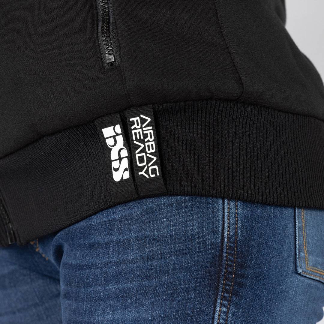 Schwarze iXS Damen Rapid 1.0 Hoodie, bequeme Tourenjacke mit Kapuze, sichtbare Details und Reißverschluss.