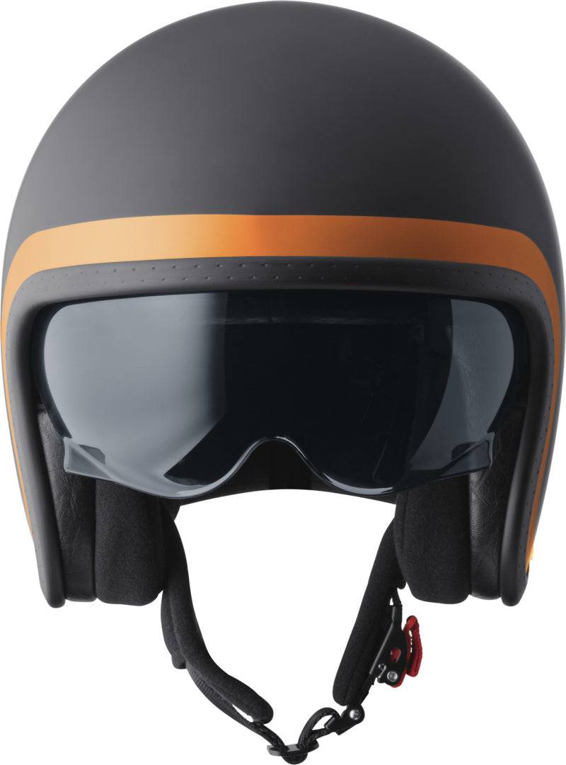 GMS Jethelm Ride in matt schwarz-orange, leichter Schutzhelm mit Visier für Motorradfahrer, stilvoll und bequem.