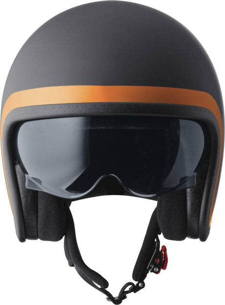 GMS Jethelm Ride in matt schwarz-orange, leichter Schutzhelm mit Visier für Motorradfahrer, stilvoll und bequem.