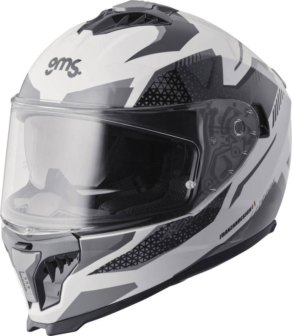GMS Integralhelm Gelero in Weiß, Grau und Dunkelgrau, vorne mit Visier und Belüftungsöffnungen, für Motorradfahrer