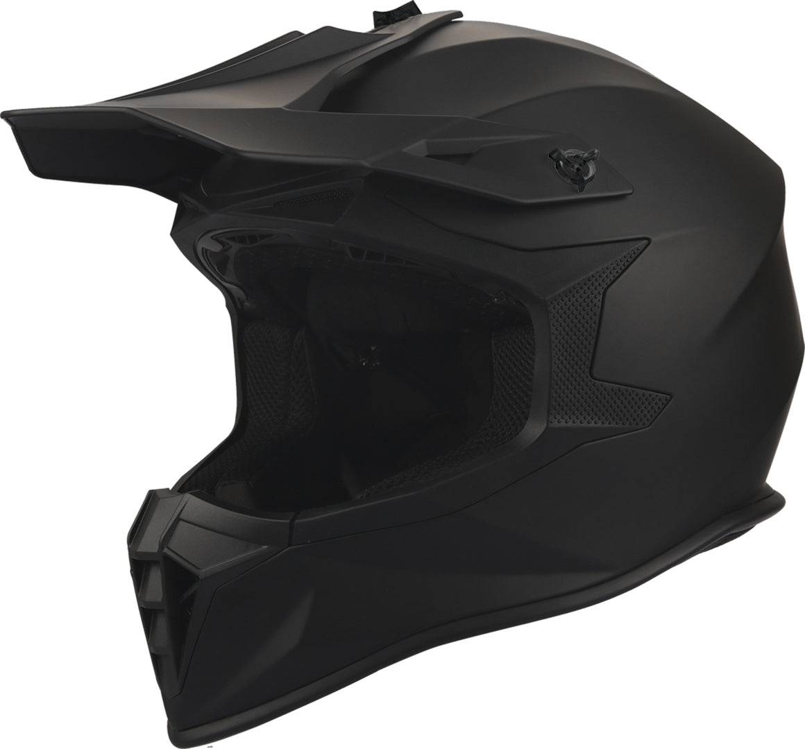 Schwarzer, matter GMS Motocrosshelm Fortis mit Visier und Belüftungsöffnungen, für sicheren Schutz beim Motocross.