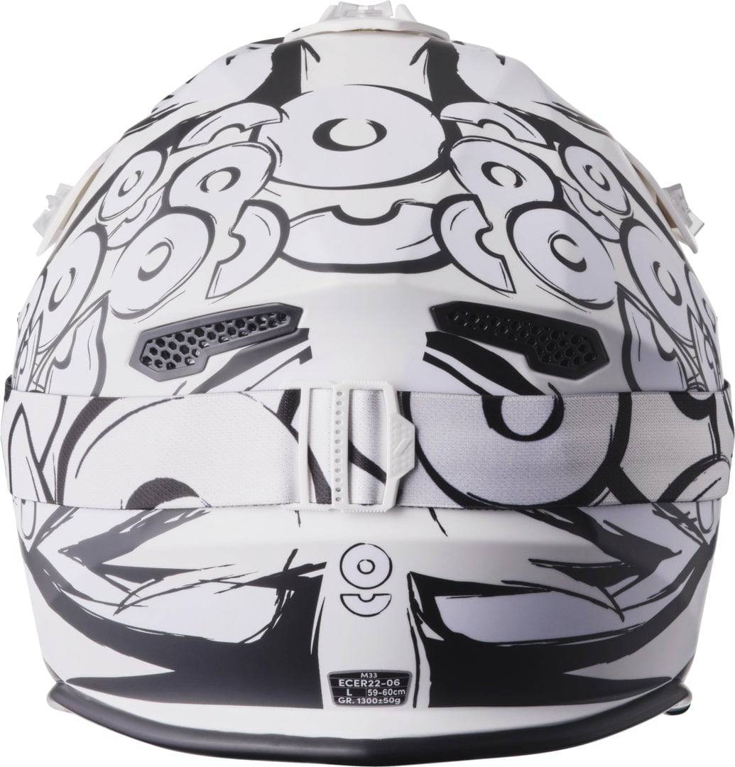 GMS Motocrosshelm Fortis Graffiti in mattschwarz-Weiß, mit Visier und Belüftungsöffnungen, für sicheren Schutz beim Motocross.