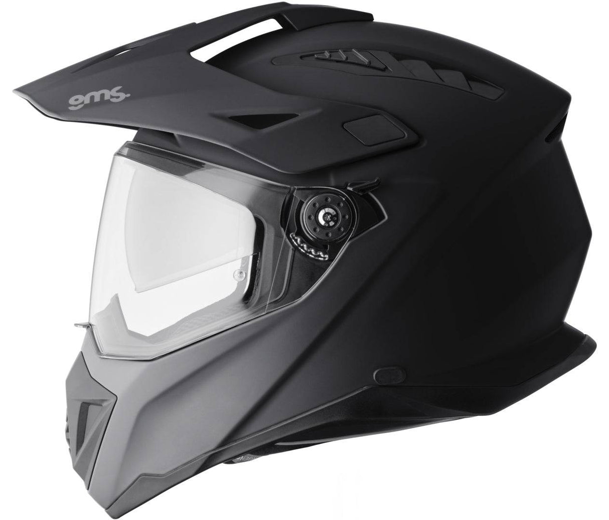 Schwarzer, matten GMS Adventus Endurohelm mit Belüftung und Visier auf einem weißen Hintergrund.