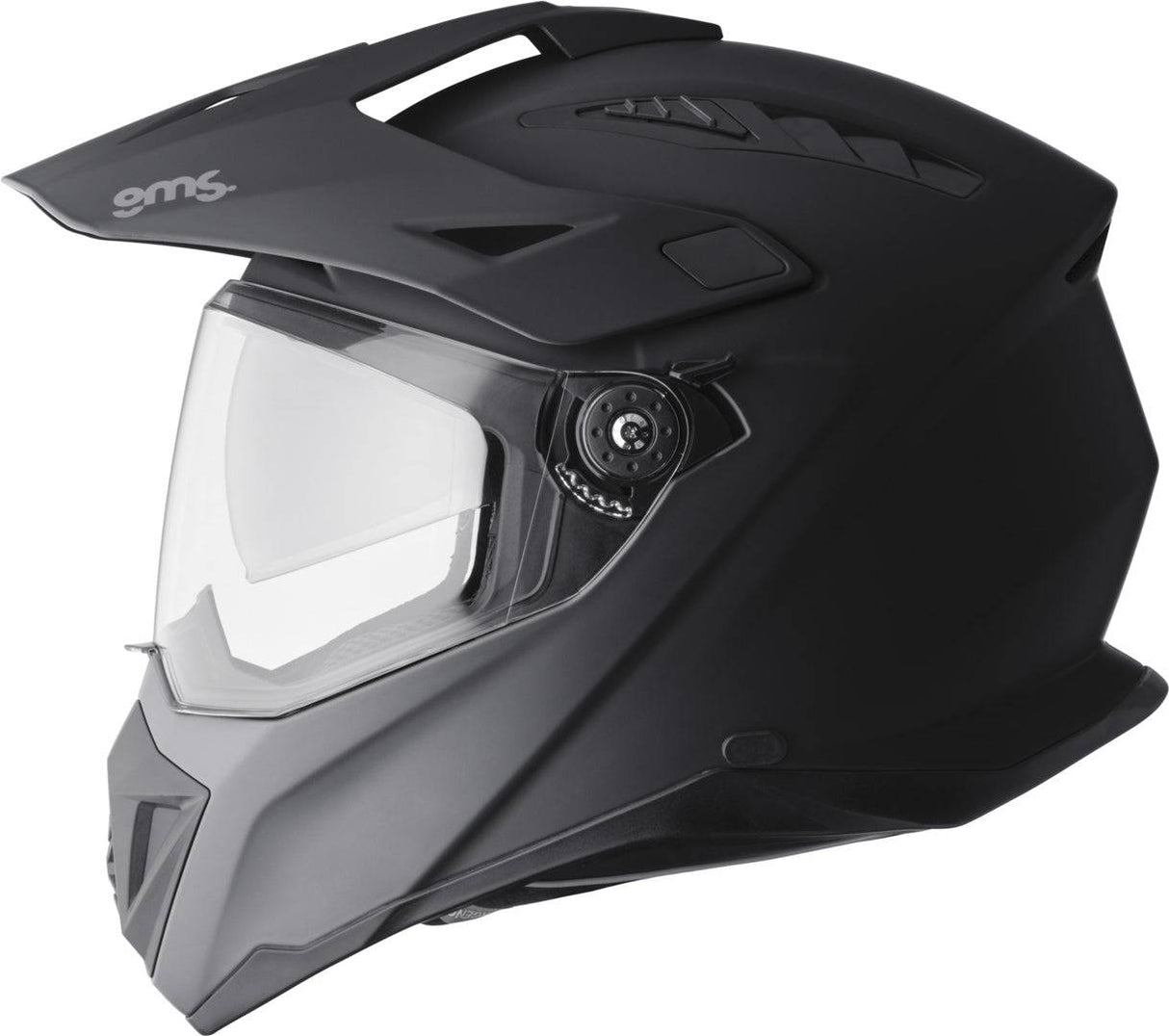 Schwarzer, matter Gms Adventus Endurohelm mit Visier und Belüftungsöffnungen, für Mountainbiking und Enduro-Fahrten.