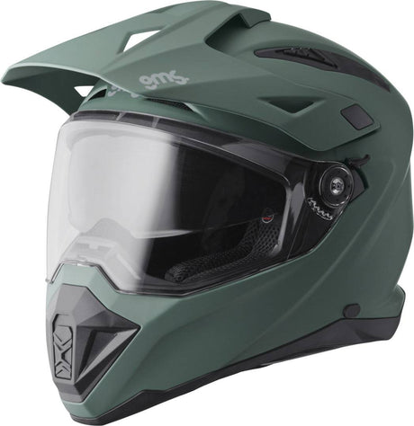 Olivgrüner, matter Endurohelm von GMS Adventus mit Visier und Belüftungsöffnungen, für sicheren Offroad-Schutz