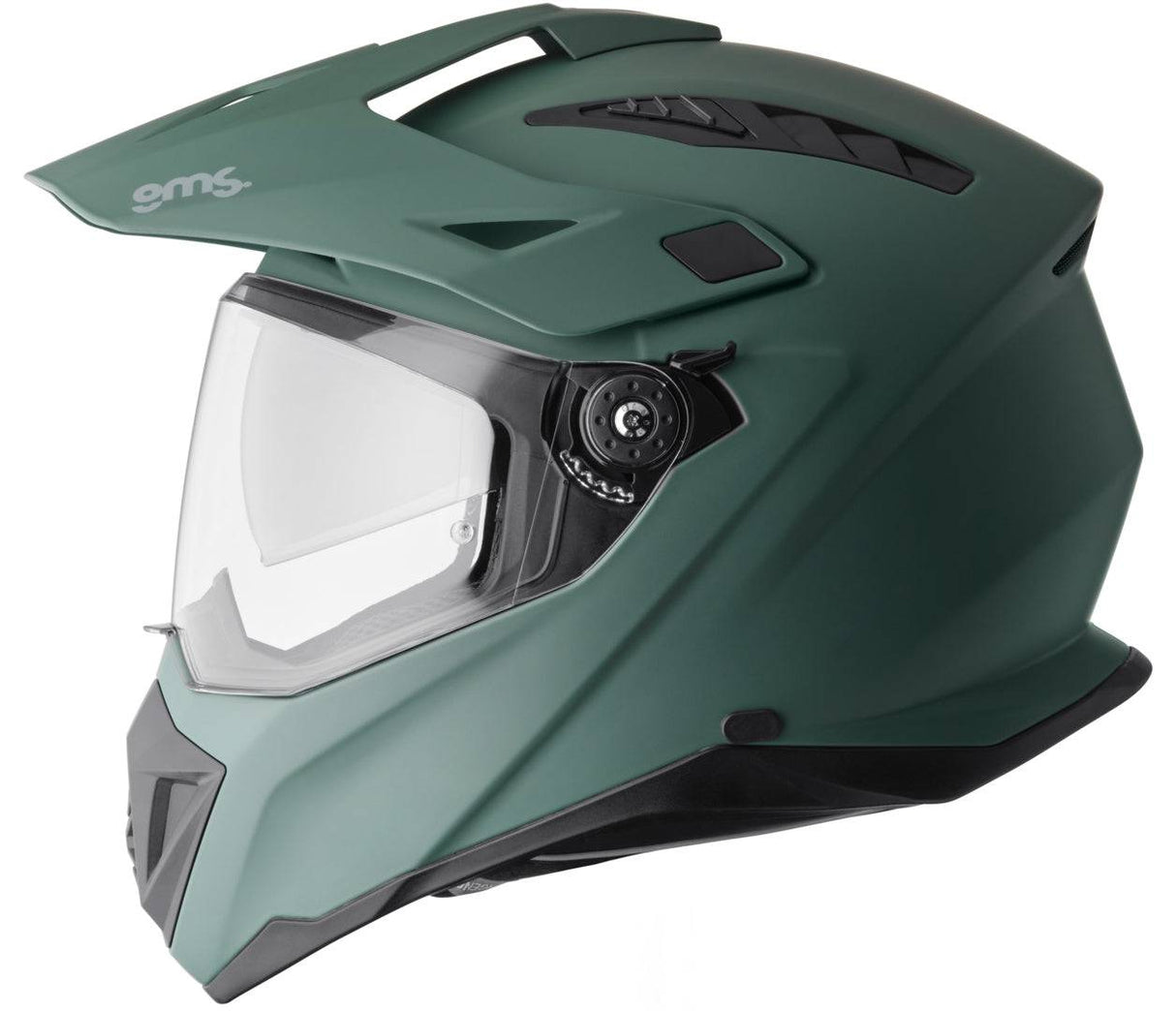 Matte olivgrüner GMS Adventus Endurohelm mit Belüftung und Visier, für Offroad- und Enduro-Fahrten.