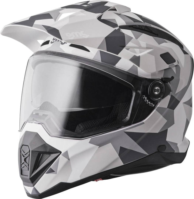 GMS Adventus Camo Endurohelm in matt weiß-grau mit Camouflage-Design, schützt beim Mountainbiken, mit Belüftung und stabilem Schutz.