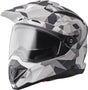 GMS Adventus Camo Endurohelm in matt weiß-grau mit Camouflage-Design, schützt beim Mountainbiken, mit Belüftung und stabilem Schutz.