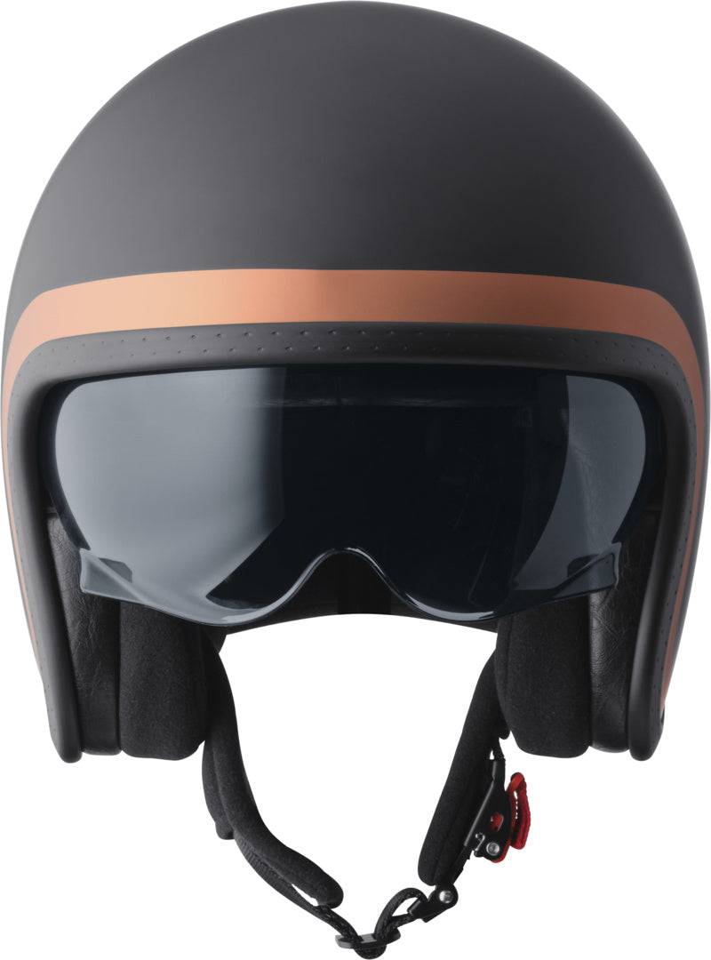 GMS Jethelm Ride in mattschwarz-bronze, leichter Motorradhelm mit Visier und Belüftung, für sicheren Fahrkomfort.