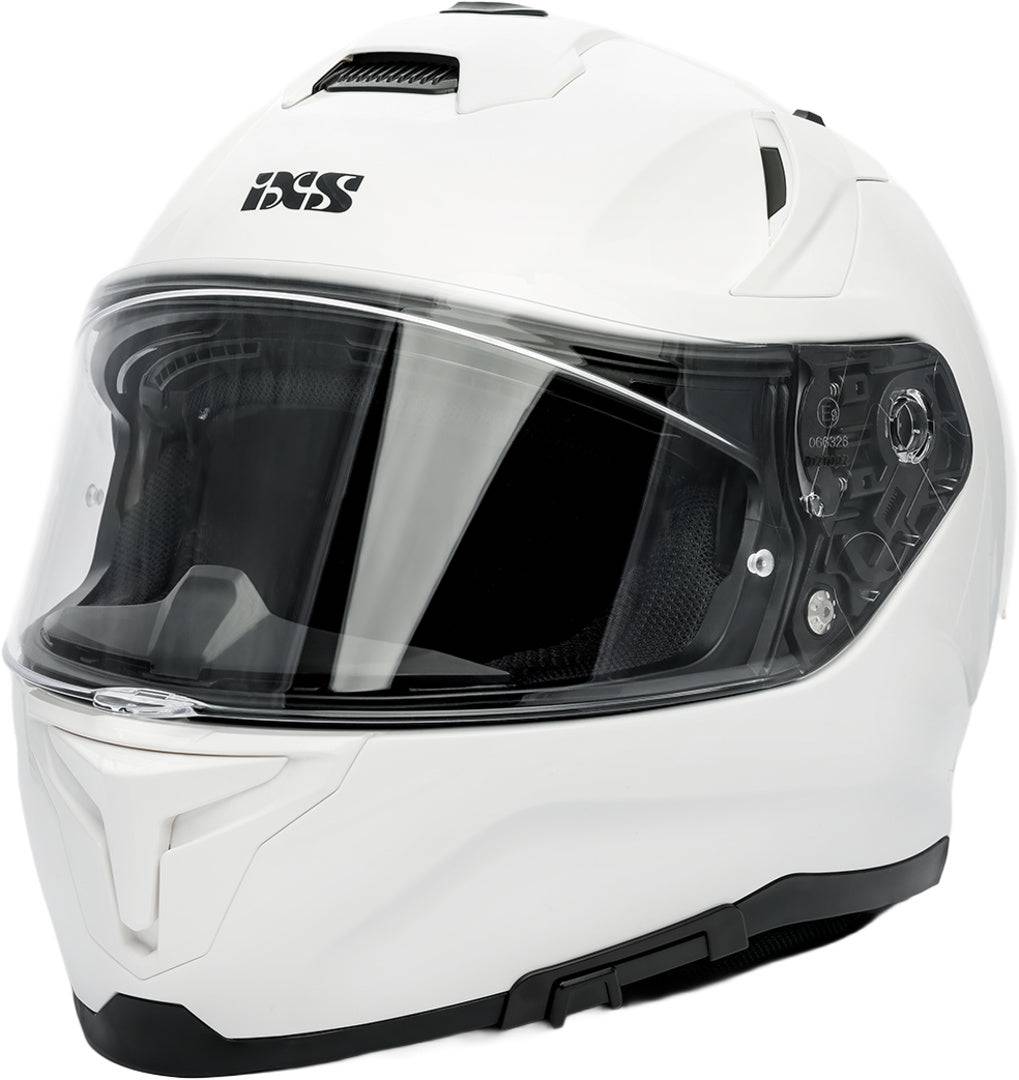 Weißer iXS Rapid 2.0 Integralhelm, full-face Helm mit Belüftung und Visier, auf einem weißen Hintergrund.