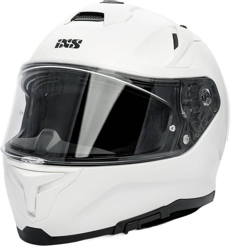 Weißer iXS Rapid 2.0 Integralhelm, full-face Helm mit Belüftung und Visier, auf einem weißen Hintergrund.