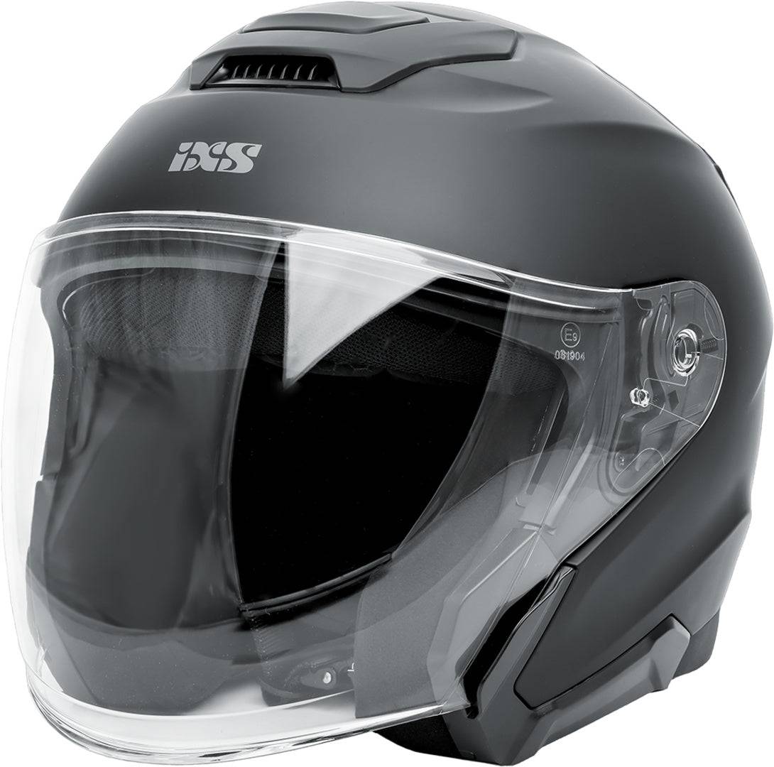 Schwarzer iXS Rapid J 1.0 Jethelm aus mattem Kunststoff mit Visier und Belüftungsöffnungen.