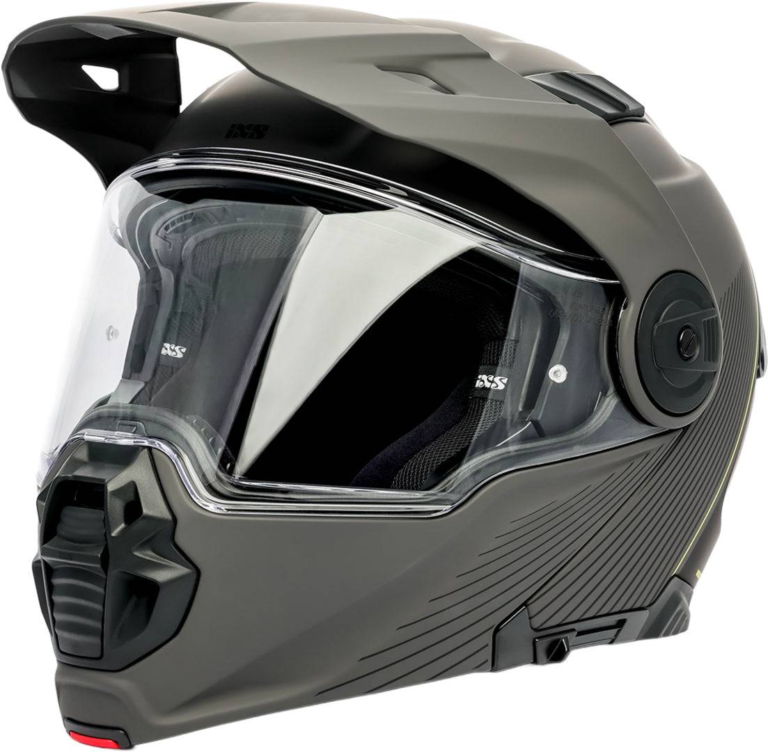 iXS Venture 1.0 Klapphelm in mattem Anthrazit-Schwarz, mit Klappfunktion und komfortabler Passform, auf einem Motorrad.