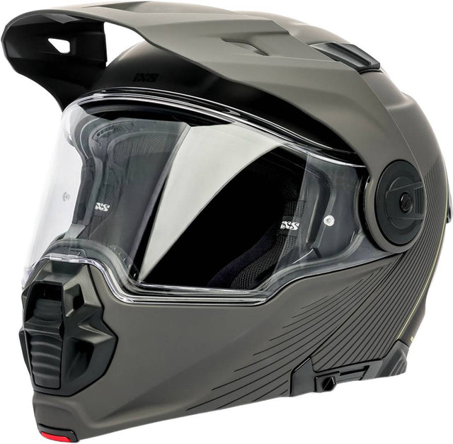 iXS Venture 1.0 Klapphelm in mattem Anthrazit-Schwarz, mit Klappfunktion und komfortabler Passform, auf einem Motorrad.