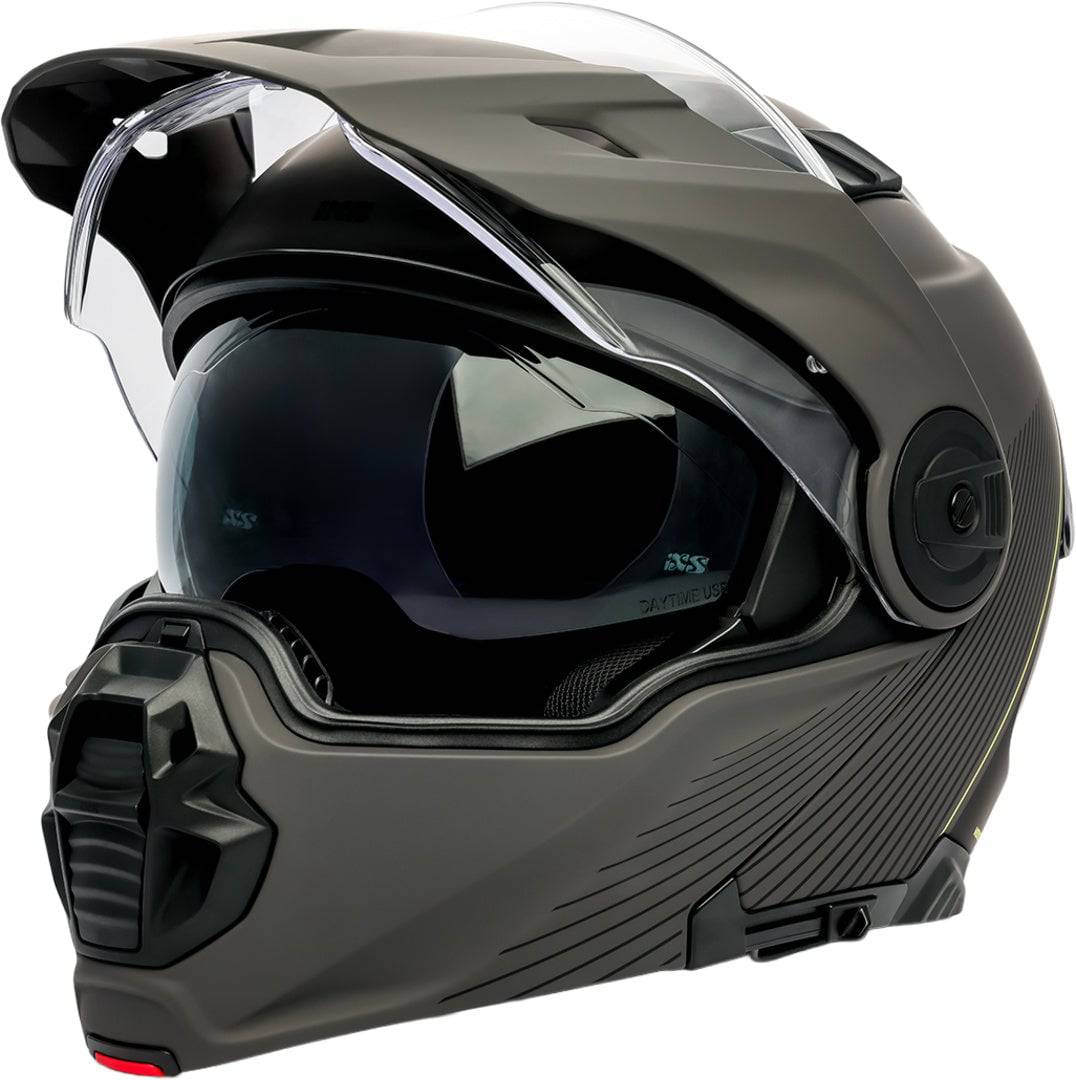 iXS Venture 1.0 Klapphelm in matt anthrazit-schwarz mit Visier und Belüftungsöffnungen, Seiten- und Rückansicht