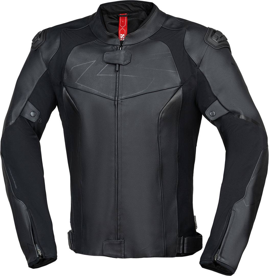 Schwarze iXS Ace 1.0 Lederjacke für Touren, Detailaufnahme der robusten Motorradjacke aus Leder