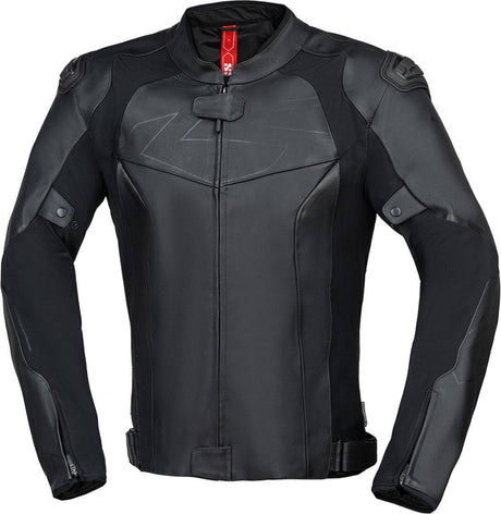 Schwarze iXS Ace 1.0 Lederjacke für Touren, Detailaufnahme der robusten Motorradjacke aus Leder