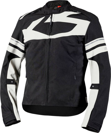 Schwarze und graue iXS Rapid-STX 2.2 Laminatjacke für Touren, wasserdicht und atmungsaktiv, mit Reißverschlusstaschen.