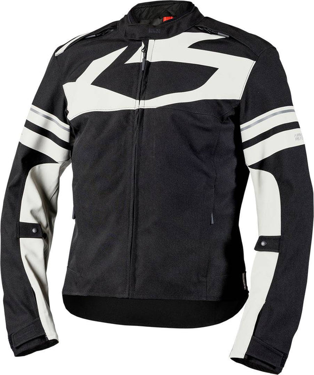 Schwarze und graue iXS Rapid-STX 2.2 Laminatjacke für Touren, wasserdicht und atmungsaktiv, mit Reißverschlusstaschen.