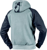Dunkelblaue und graue iXS Rapid 1.0 Tourenjacke, bequemes Design, sichtbare Kapuze und Reißverschlusstaschen.