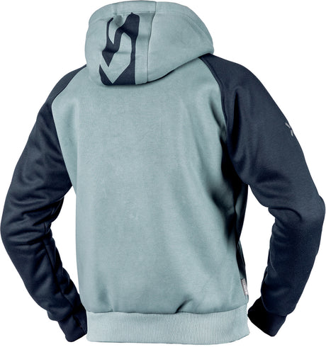 Dunkelblaue und graue iXS Rapid 1.0 Tourenjacke, bequemes Design, sichtbare Kapuze und Reißverschlusstaschen.