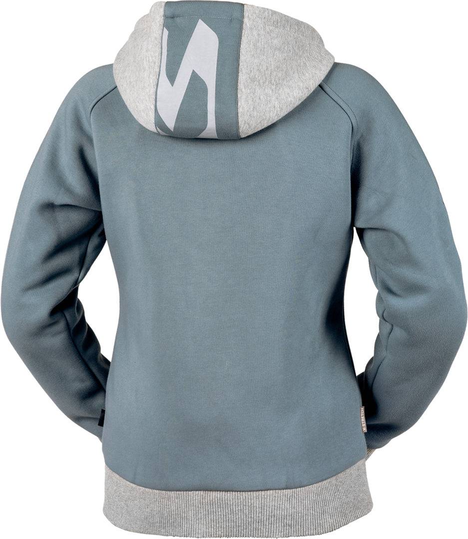 iXS Damen Rapid 1.0 Hoodie, blaue und graue Jacke für Touren, mit Kapuze und sportlichem Design, auf einem Kleiderbügel hängend