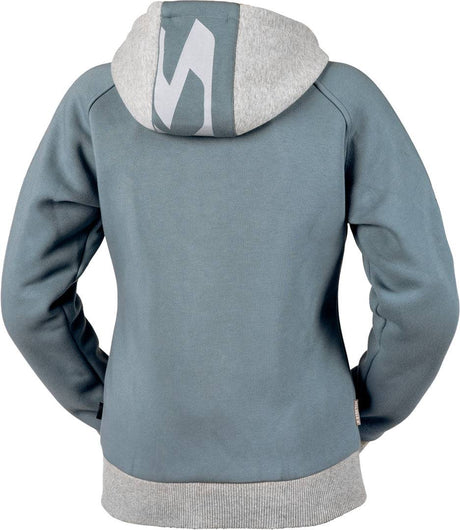 iXS Damen Rapid 1.0 Hoodie, blaue und graue Jacke für Touren, mit Kapuze und sportlichem Design, auf einem Kleiderbügel hängend