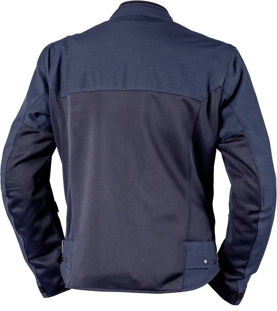 Dunkelblaue iXS Rapid BigAir 1.0 Tourenjacke mit atmungsaktivem Material und reflektierenden Elementen, auf einem weißen Hintergrund.