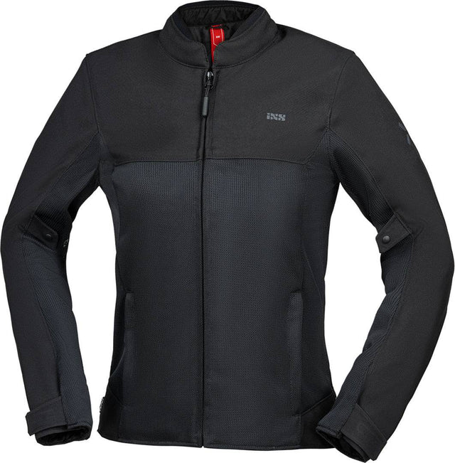 Schwarze Damen-Touring Jacke iXS Rapid BigAir 1.0 mit reflektierenden Elementen und verstellbarem Saum, für Motorradfahrten.