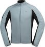 Blaue und graue iXS 365-Hybrid TMO 1.0 Funktionsjacke mit technischen Details, sichtbar auf einem modellierten Kleidungsspiegel.