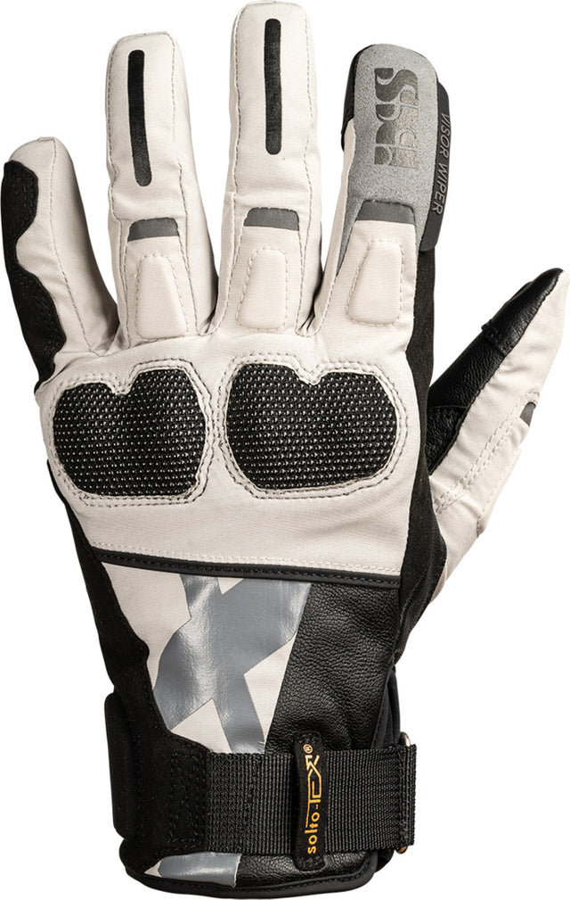 Schwarze iXS Venture-STX-Z 1.0 Handschuhe mit grauen Akzenten, robuste Motorradhandschuhe für sicheren Grip.