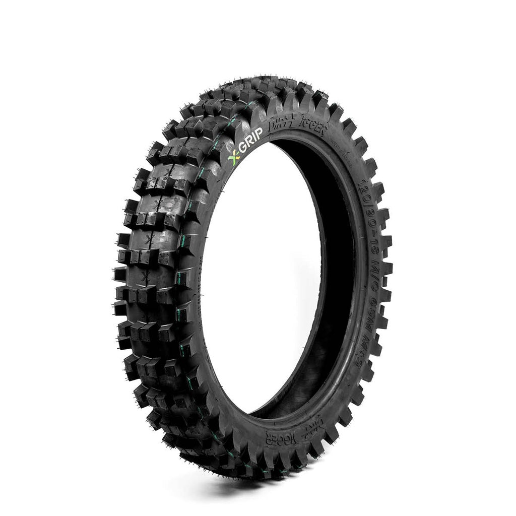 X-GRIP DirtDigger Reifen mit weicher Gummimischung für off-road Gelände, zeigt Profil und seitliche Beschriftung.