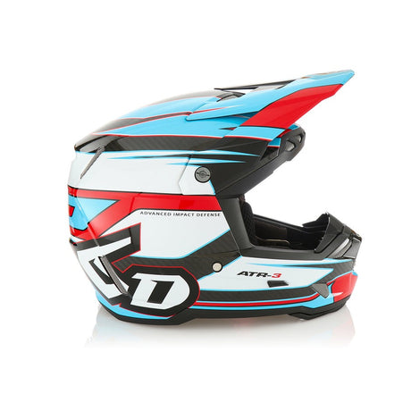 Motocrosshelm 6D ATR-3 Hyper mit rotem und cyanfarbenem Design, schützender Helm für Offroad-Fahrsport.