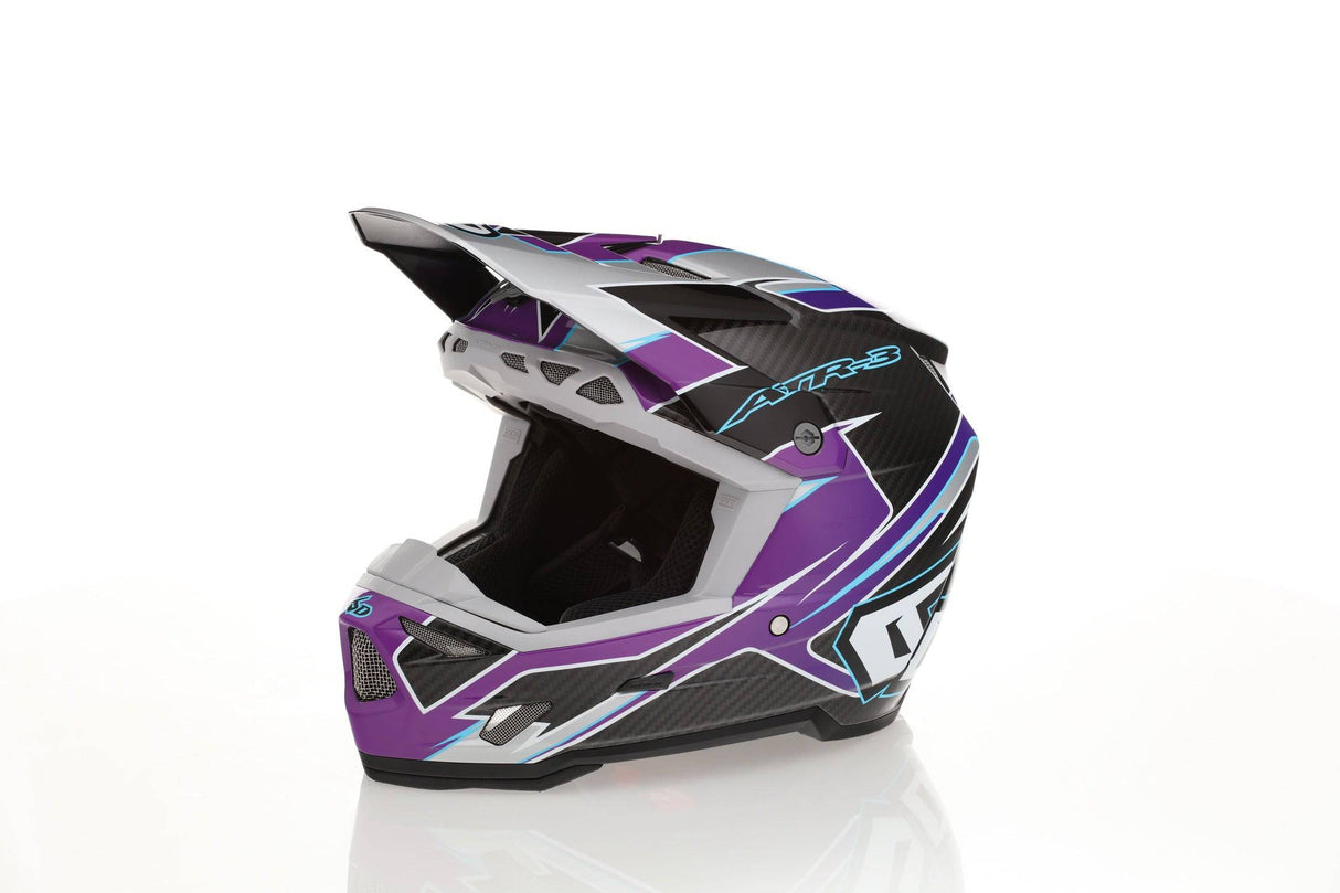 Lila 6D ATR-3Y Reflex Motocrosshelm mit reflektierendem Design, Schutzbrille und Belüftungssystem.
