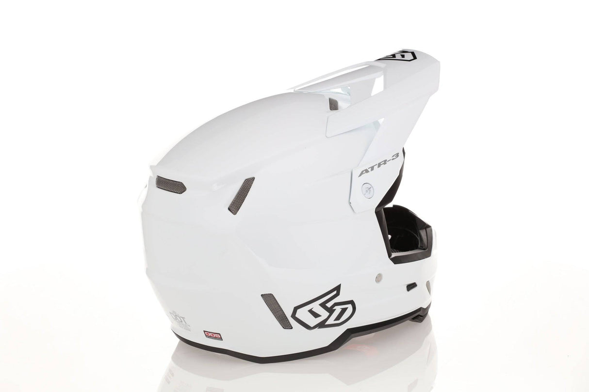 Weißer 6D ATR-3Y Motocrosshelm mit glänzendem Finish, sicherer Schutz und sportlichem Design, für Motorradfahrer.