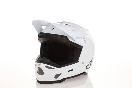 Weißer 6D ATR-3Y Motocrosshelm mit glänzendem Finish, leichtes Schutzhelm für Offroad-Fahrten, visier und Belüftungsöffnungen sichtbar.