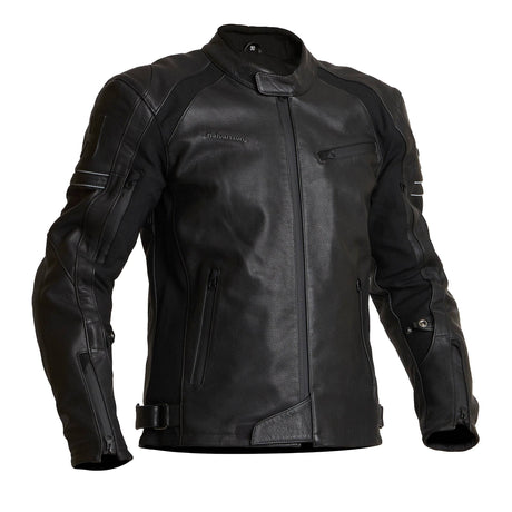 Schwarze Halvarssons Motorradjacke Selja im klassischen Stil, aus robustem Material, mit Reißverschlüssen und reflektierenden Details