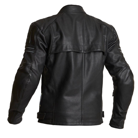 Schwarze Halvarssons Motorradjacke Selja im klassischen Stil, zeigt robuste Stoffstruktur und Reißverschlusstaschen.