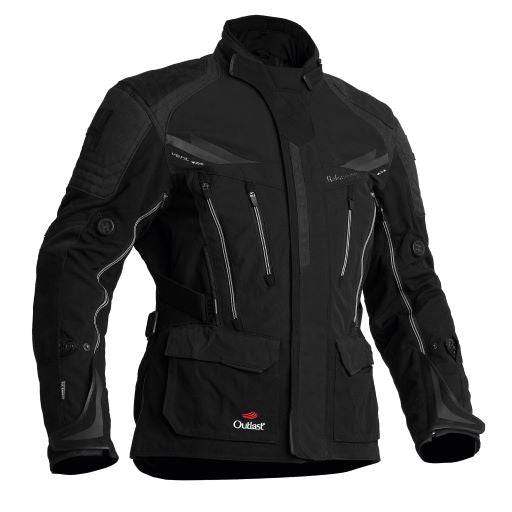 Schwarze Halvarssons Motorradjacke Mora für Abenteuer, zeigt robuste Textur und Reißverschlüsse, bequemes Schutz-Design